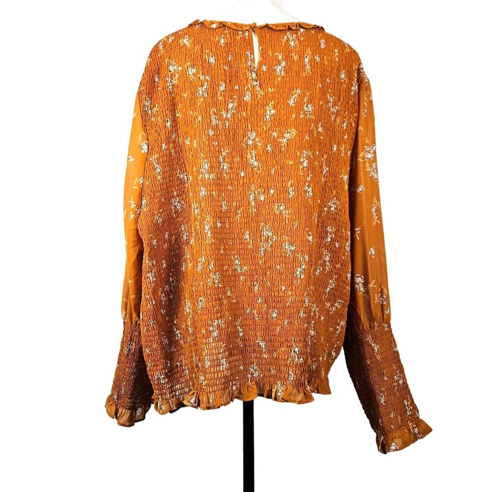 New Terra & Sky Plus Size 4X Long Sleeve Smocked Top Floral Print Mustard Yellow - Picture 4 of 12